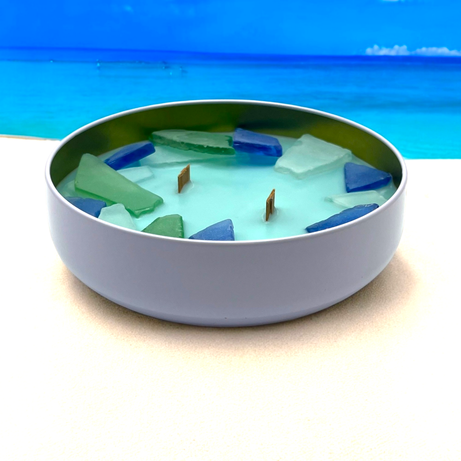 Sea Glass Coastal Candle with Ocean-Tumbled Treasures